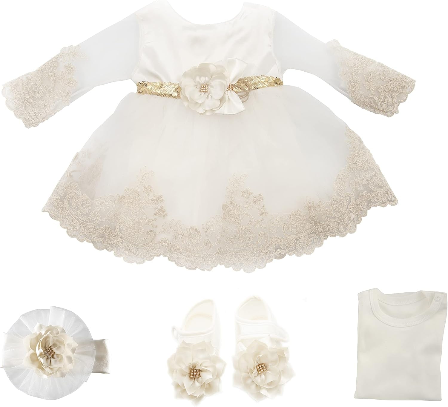 Newborn Baby Girl Lace Dress Set, 4Pc Outfit for Special Occassions