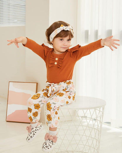 Newborn Baby Girls Clothes Ribbed Ruffled Romper+Floral Pants+Headband Infant Outfit Set