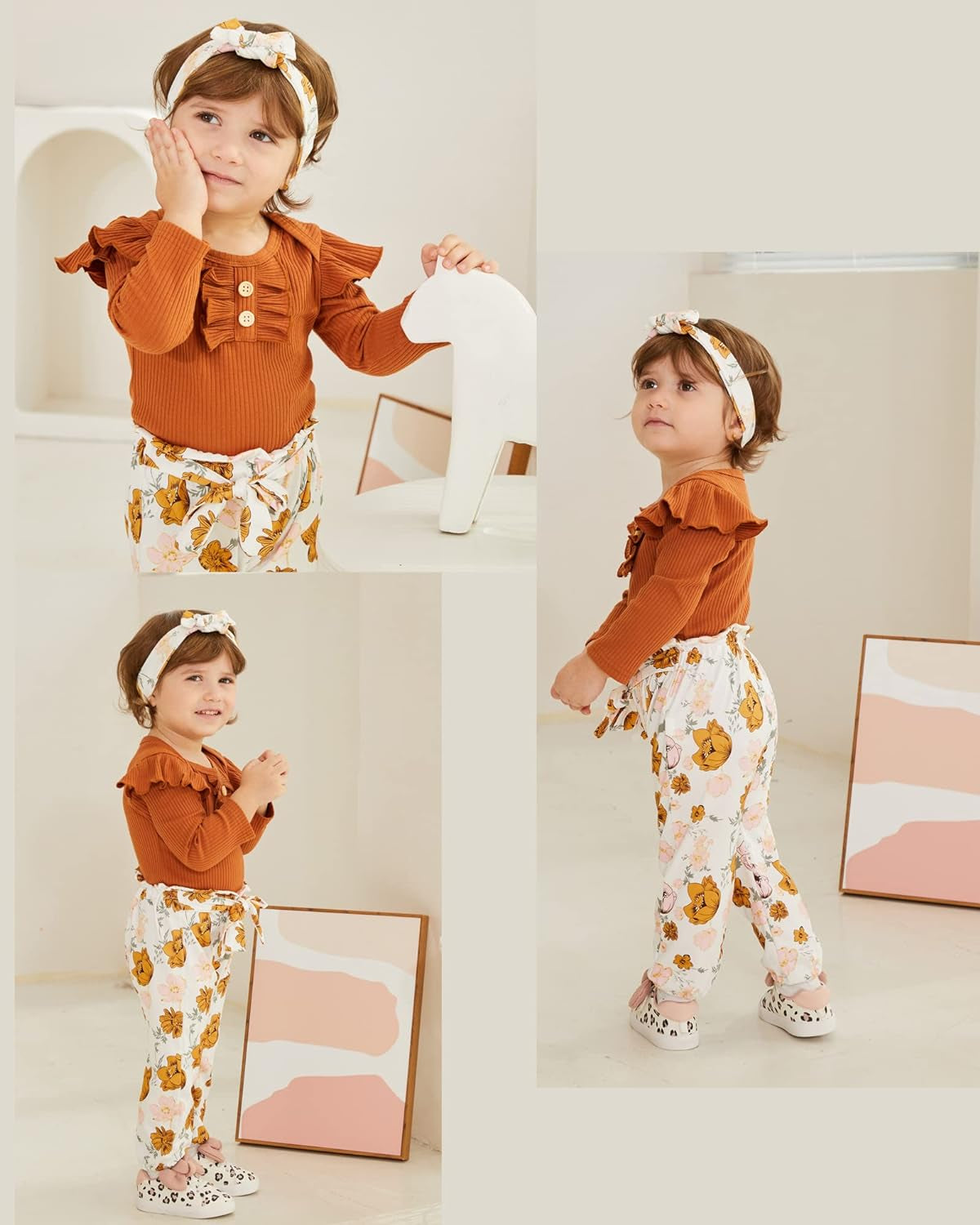 Newborn Baby Girls Clothes Ribbed Ruffled Romper+Floral Pants+Headband Infant Outfit Set