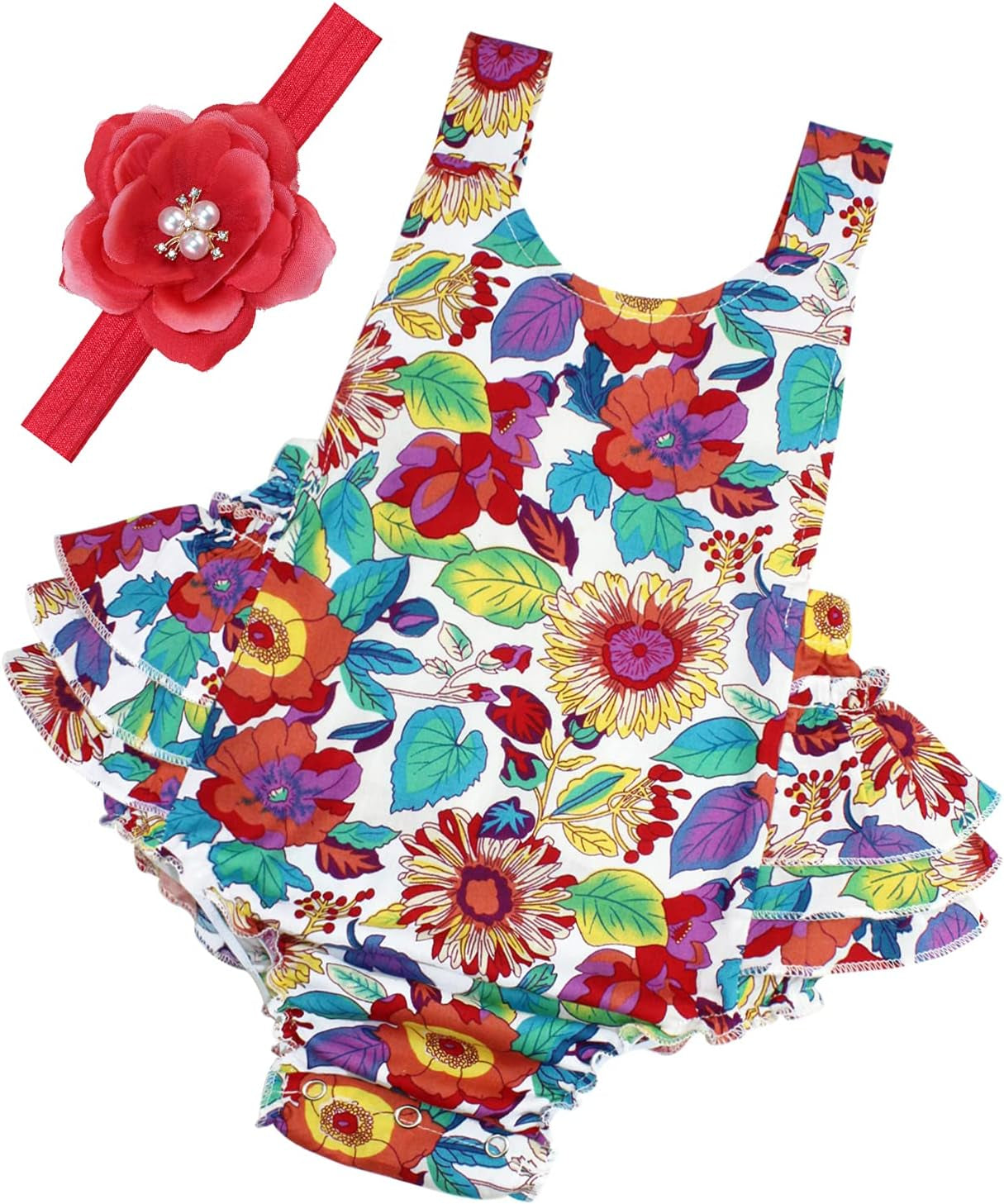 Baby Girl'S Floral Print Ruffles Romper Summer Clothes with Headband